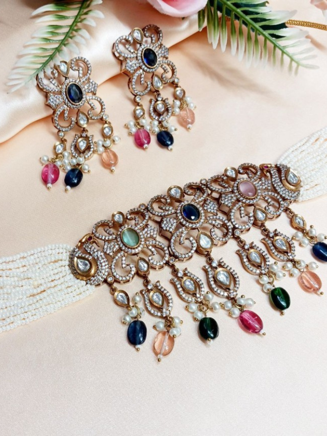 Anika Moissanite Navratna AD Choker