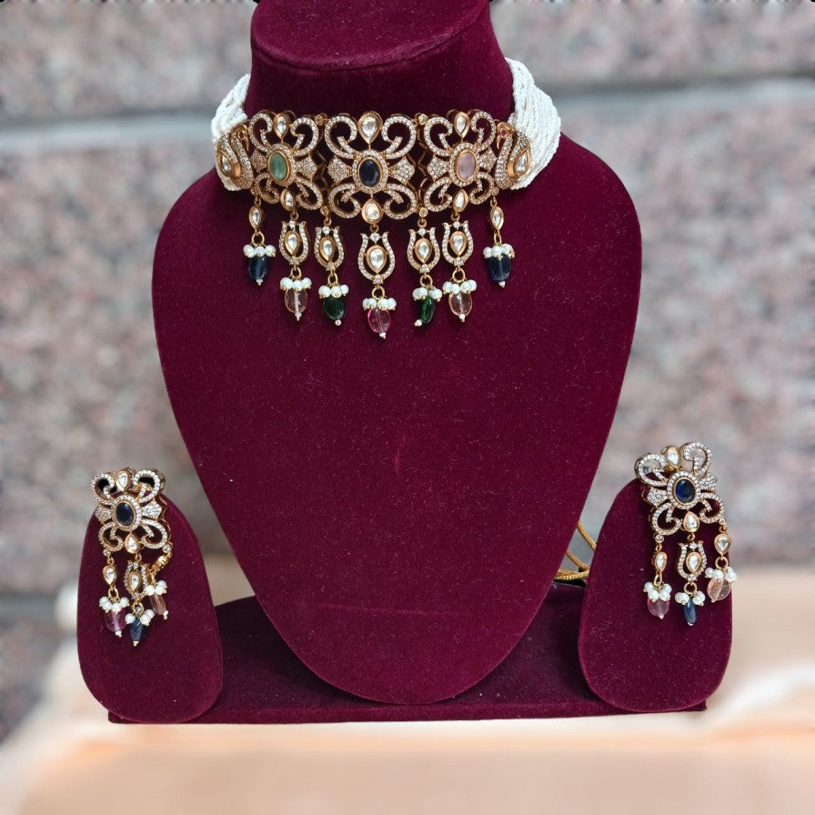Anika Moissanite Navratna AD Choker