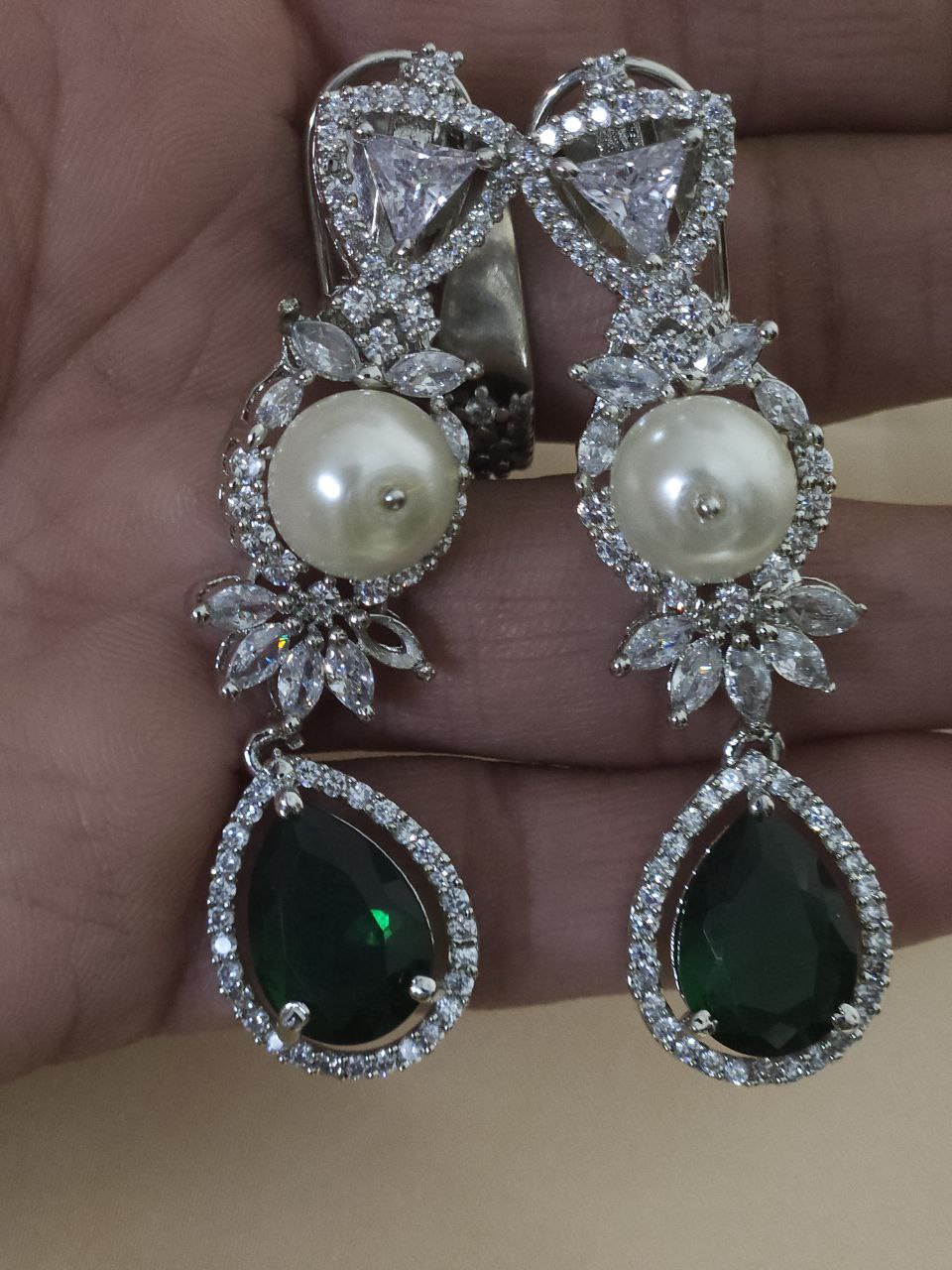 Premium Rhodium Bridal Green Pearl AD Necklace