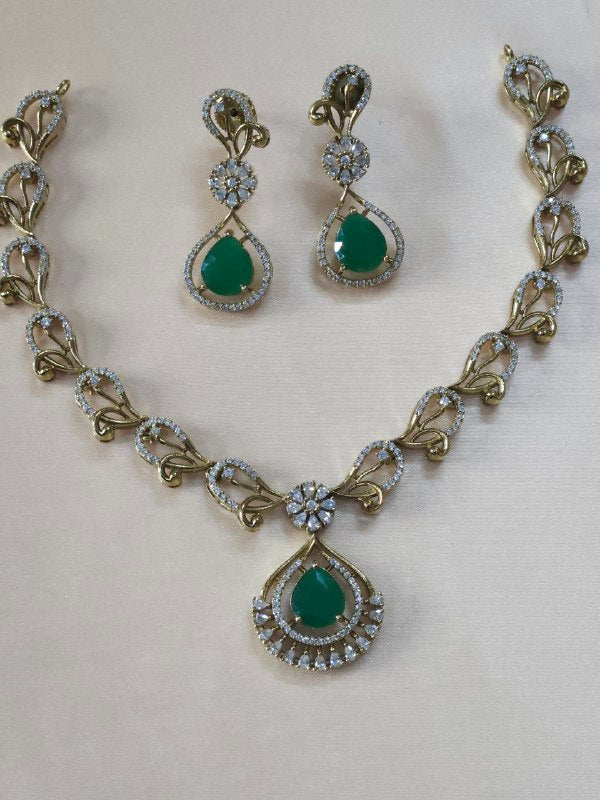 Designer Emerald Green+ Ruby Pink AD Necklace