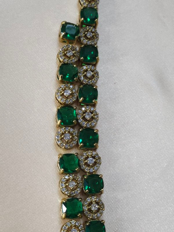 Double-Line Big Green Stone AD Temple Necklace