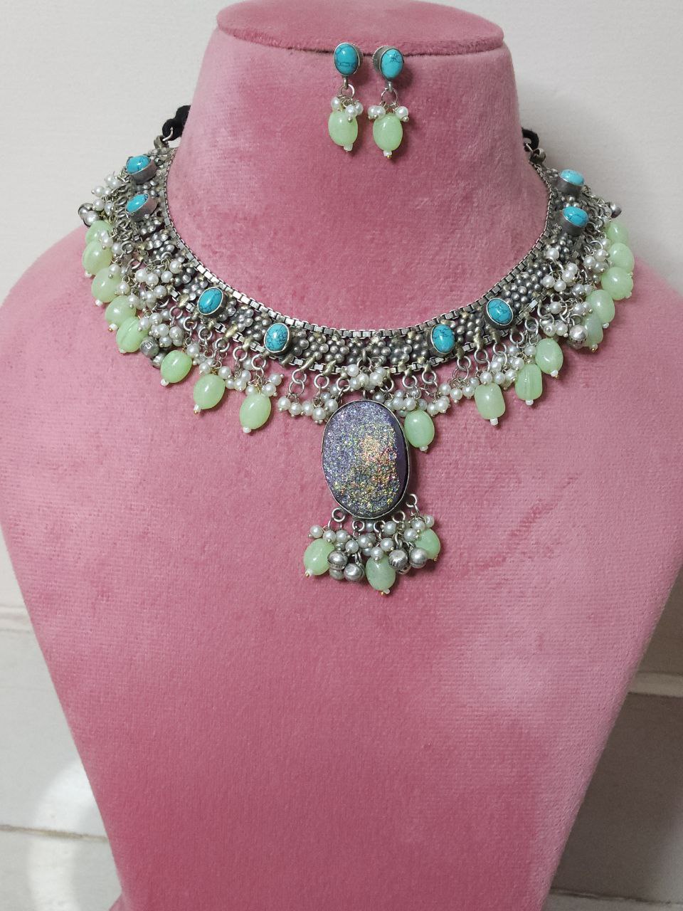 Mint Natural Stone Oxidized Necklace