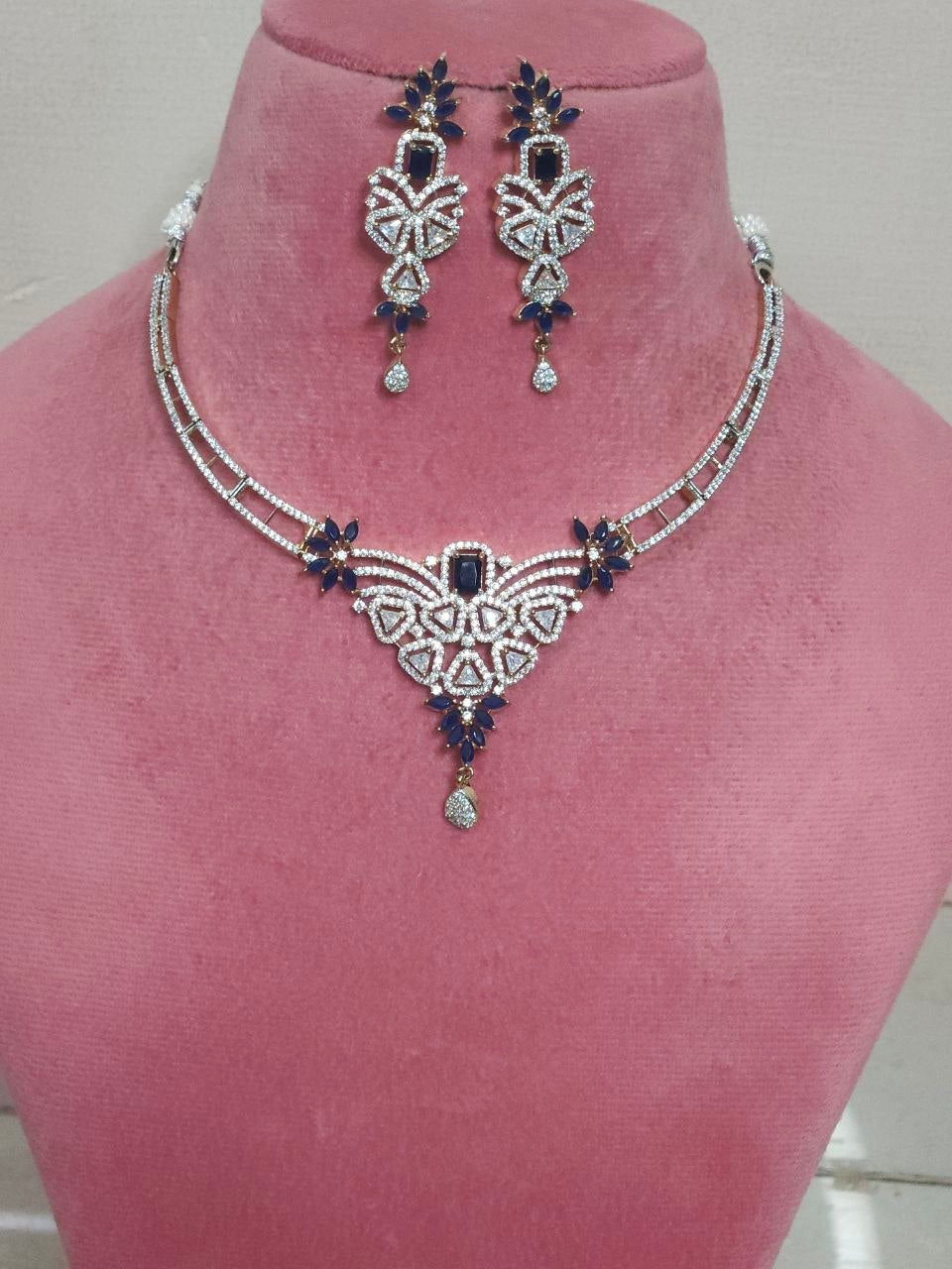 Premium Blue Flower Rose Gold AD Hasli Necklace
