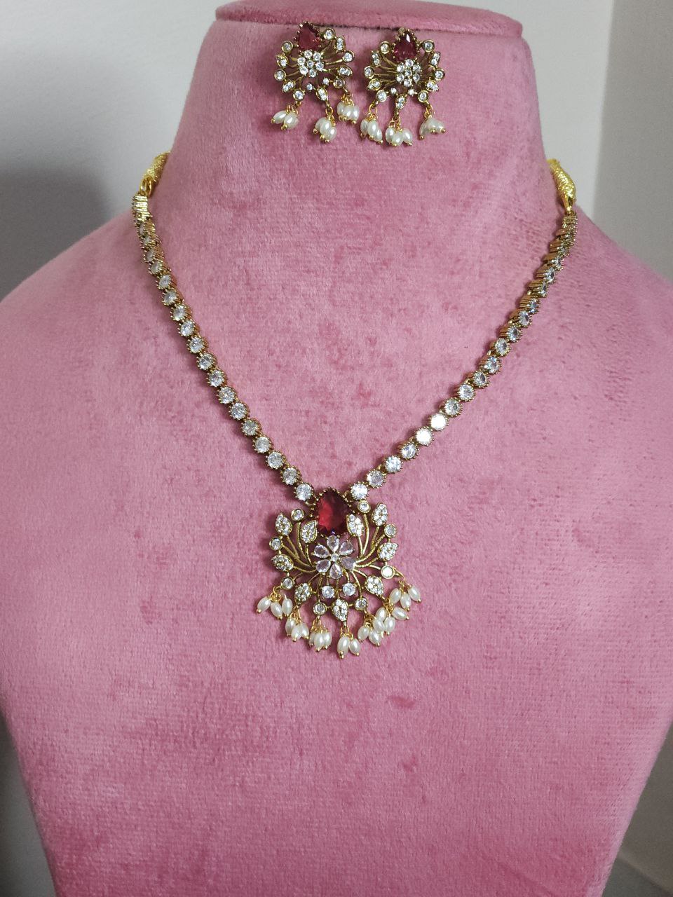 Rice Pearl Red Moissanite AD Necklace