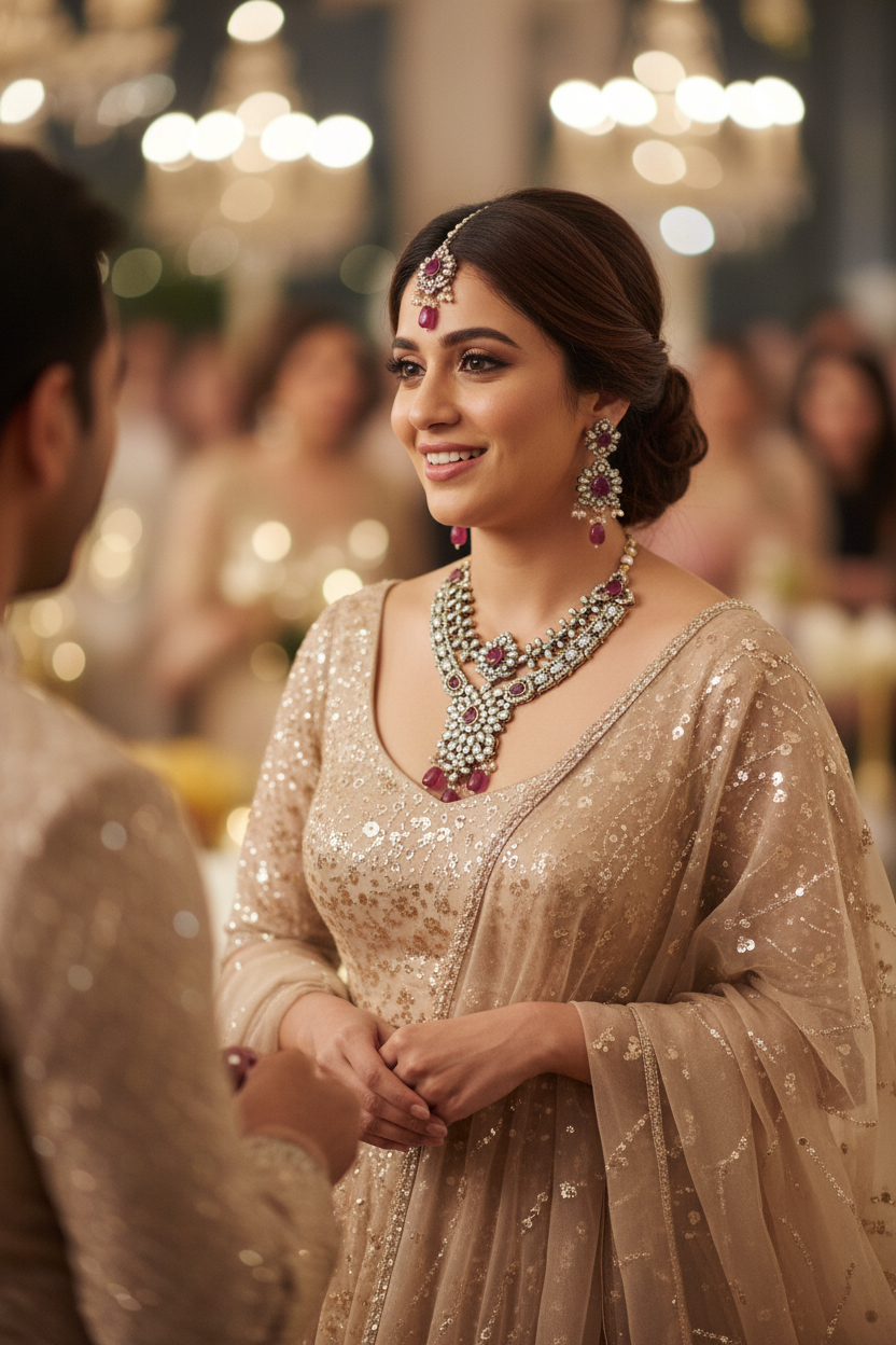 Semi-Bridal 2-Layer Wine Pink Rani Haar Necklace
