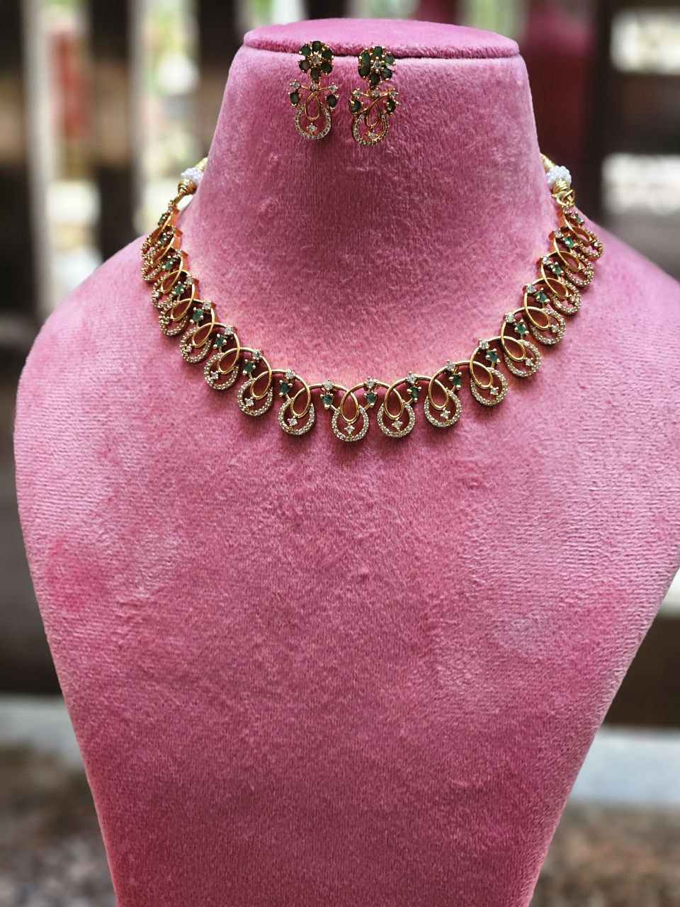 Emerald Gold Finish AD Temple Necklace