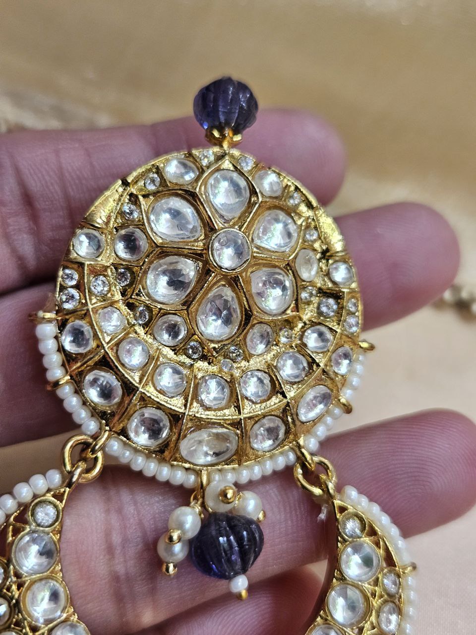 Statement Purple Kundan Danglers Earrings