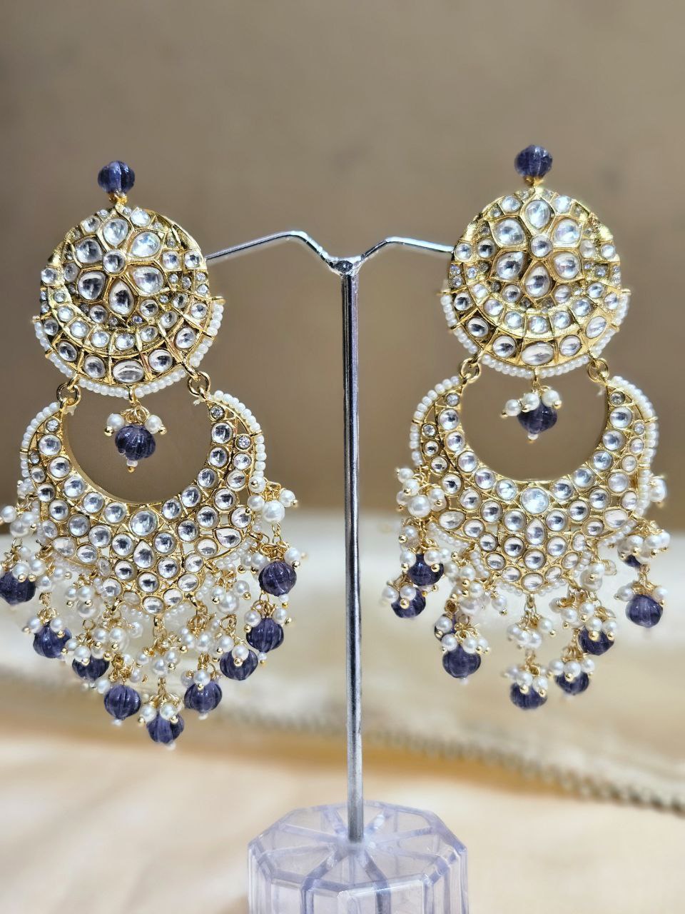 Statement Purple Kundan Danglers Earrings