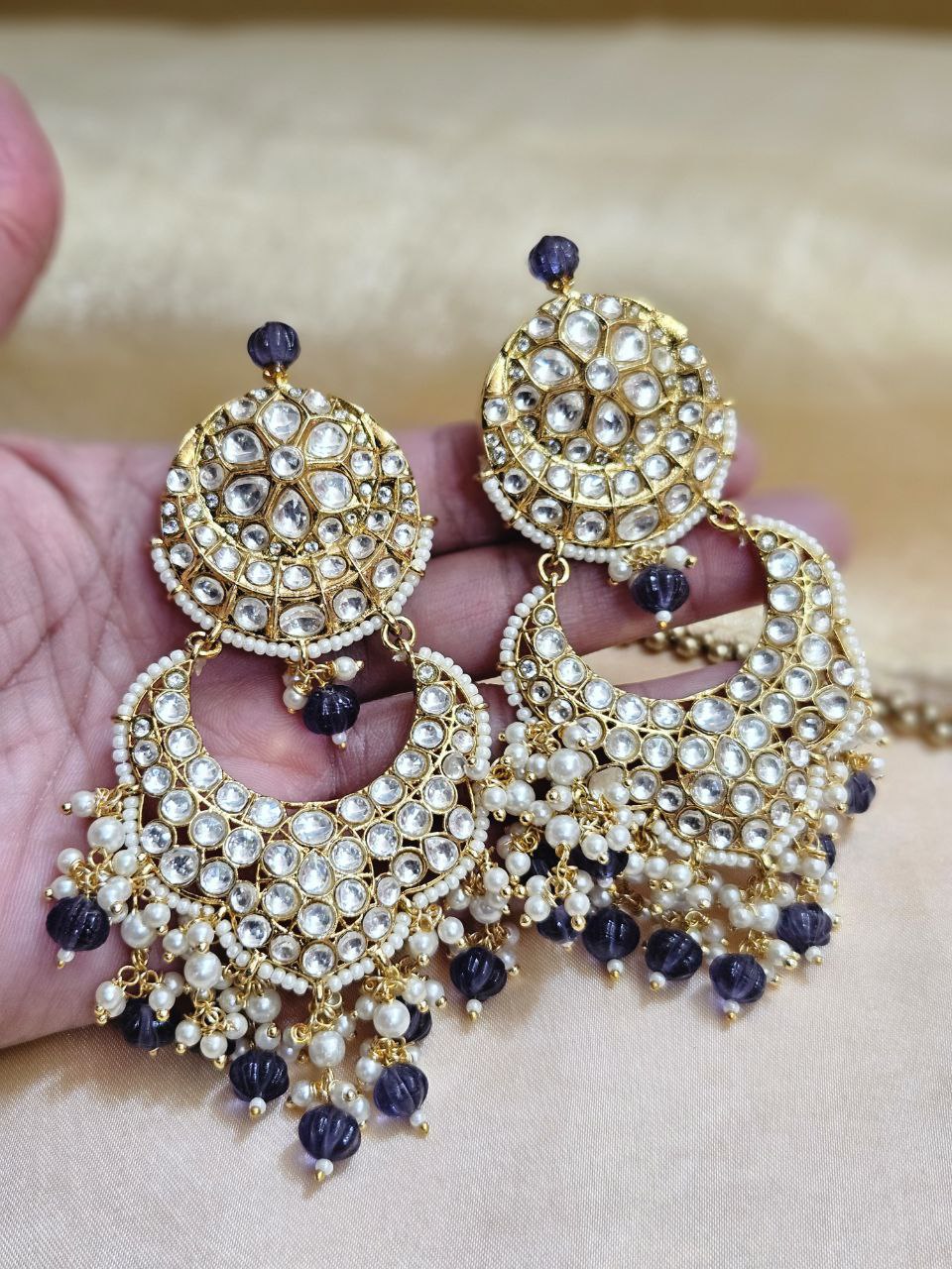 Statement Purple Kundan Danglers Earrings