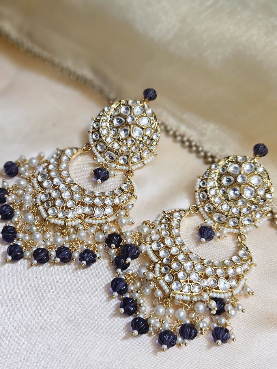 Statement Purple Kundan Danglers Earrings