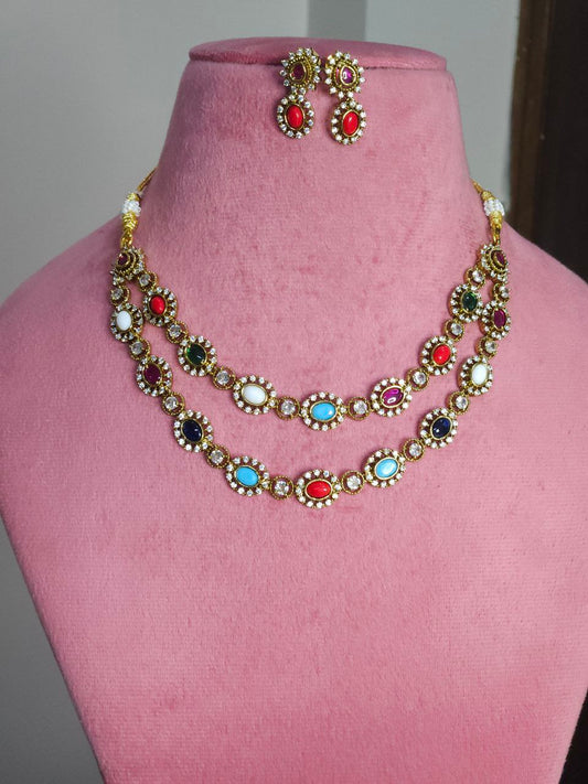 Premium Navratan 2-Layer AD Necklace