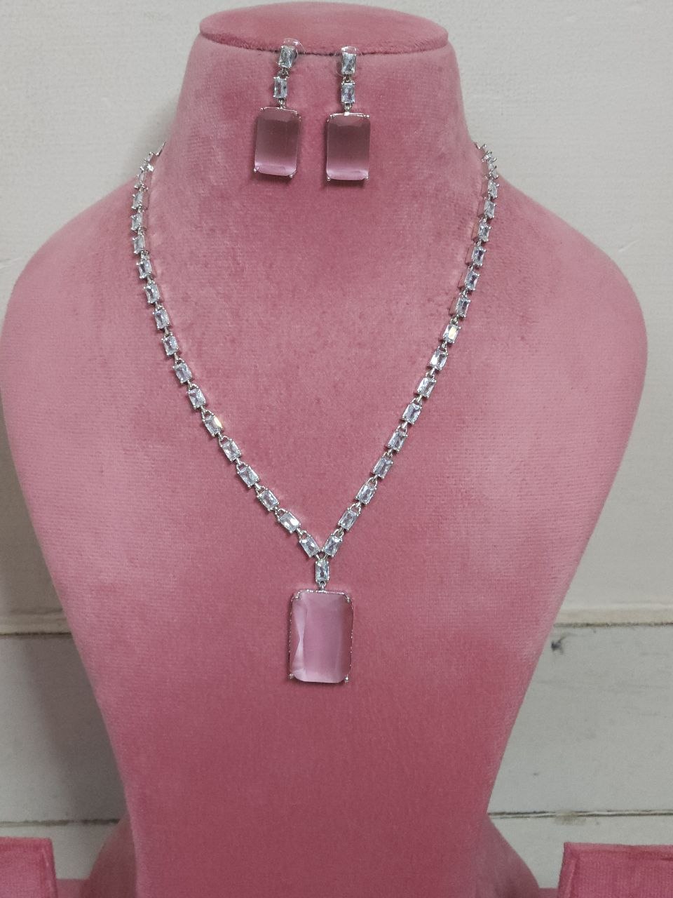 Pink Big Square Long Statement AD Necklace