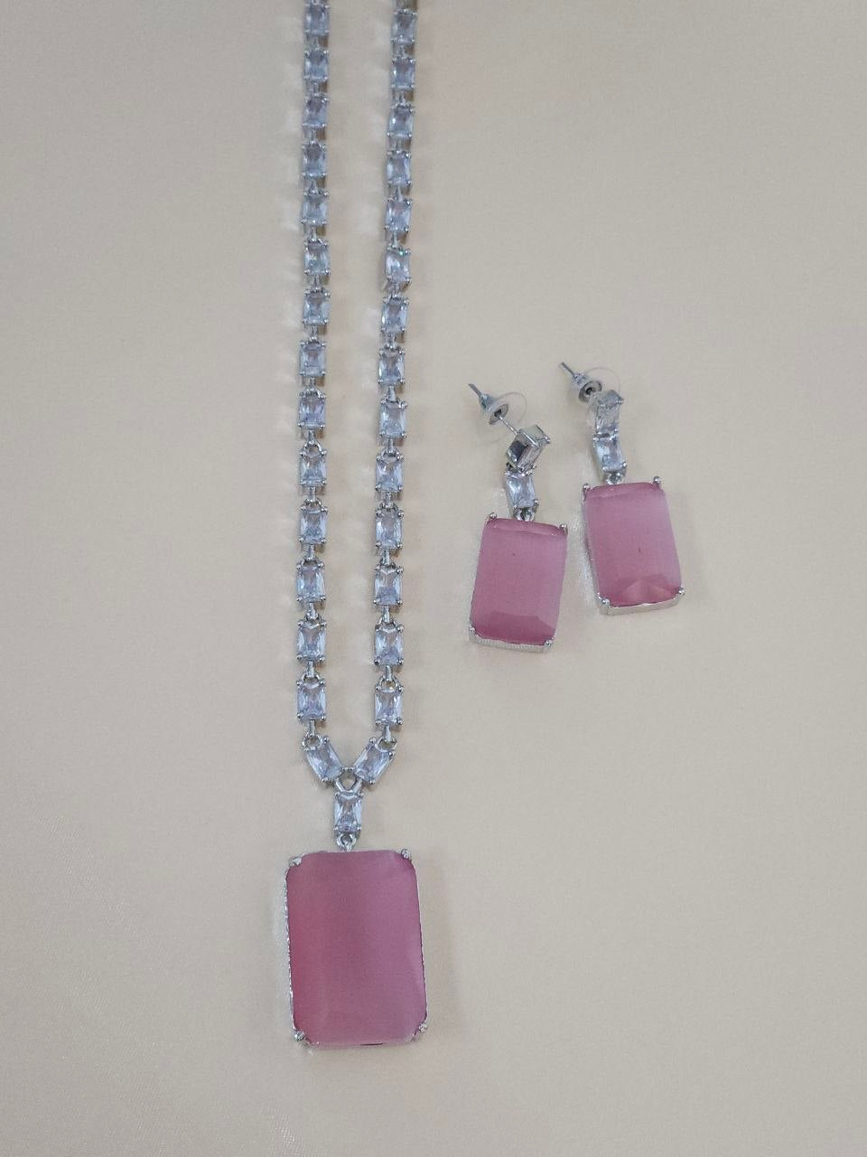 Pink Big Square Long Statement AD Necklace