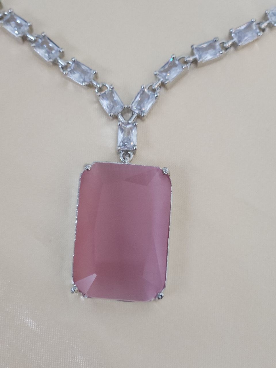 Pink Big Square Long Statement AD Necklace