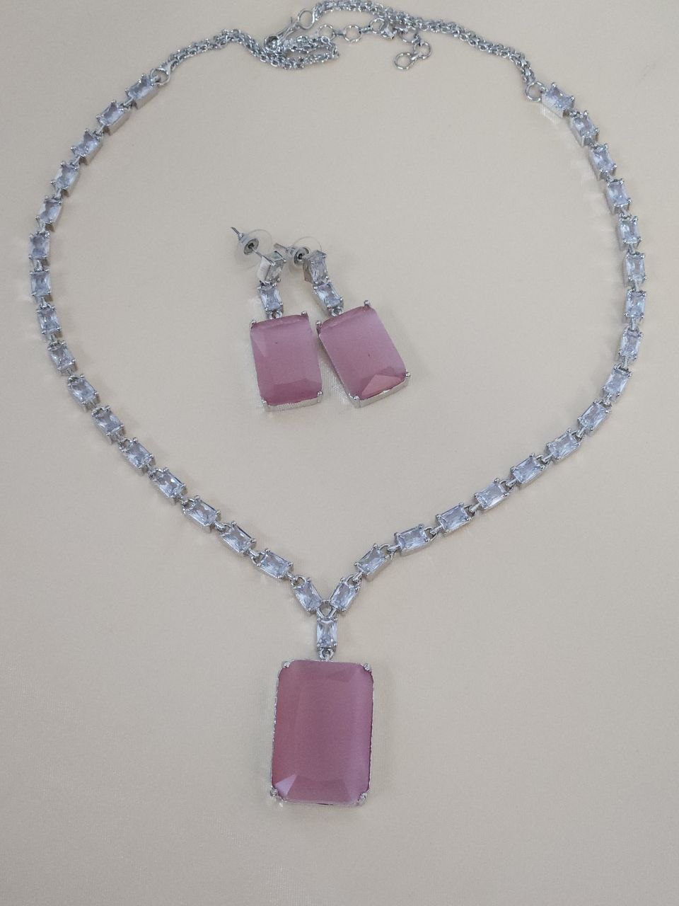 Pink Big Square Long Statement AD Necklace