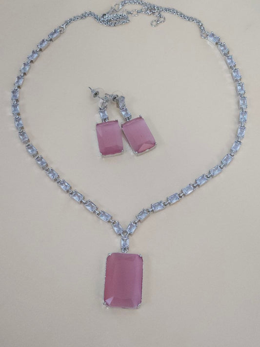 Pink Big Square Long Statement AD Necklace