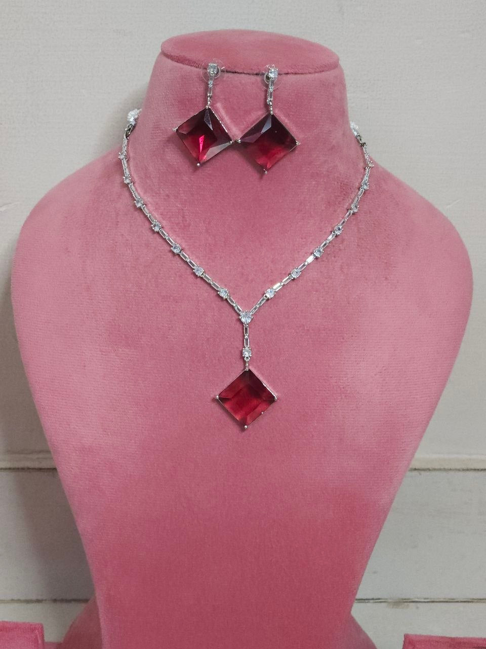 Red Rhombus Designer Statement AD Necklace