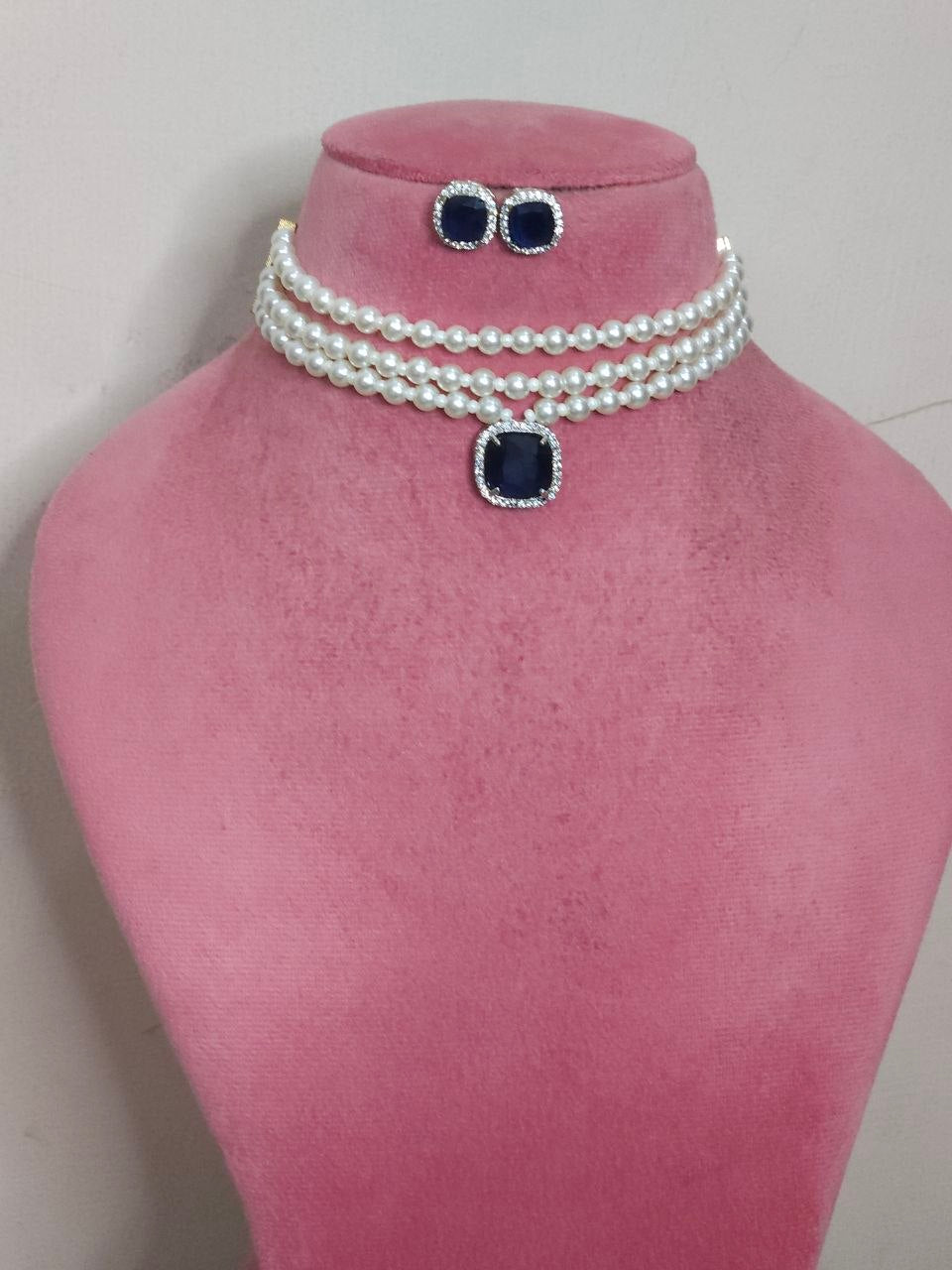 Navy Blue Pearl AD Choker Necklace