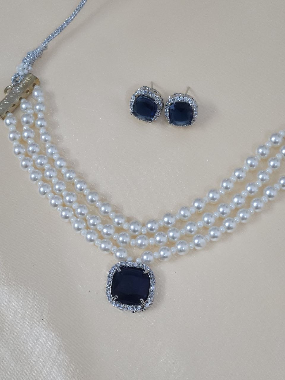 Navy Blue Pearl AD Choker Necklace