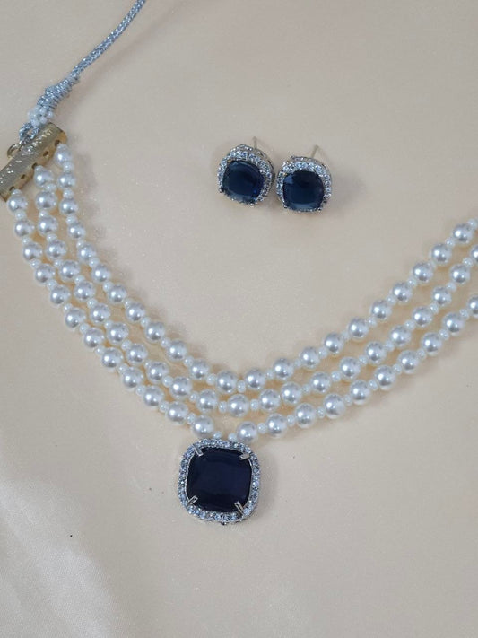 Navy Blue Pearl AD Choker Necklace
