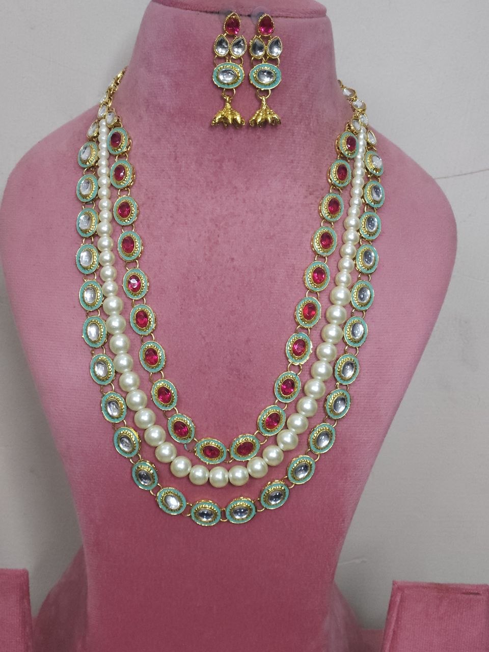 3-Layer Pearl Meenakari Mint Kundan Necklace