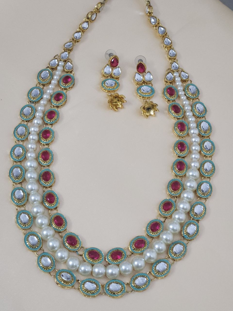 3-Layer Pearl Meenakari Mint Kundan Necklace
