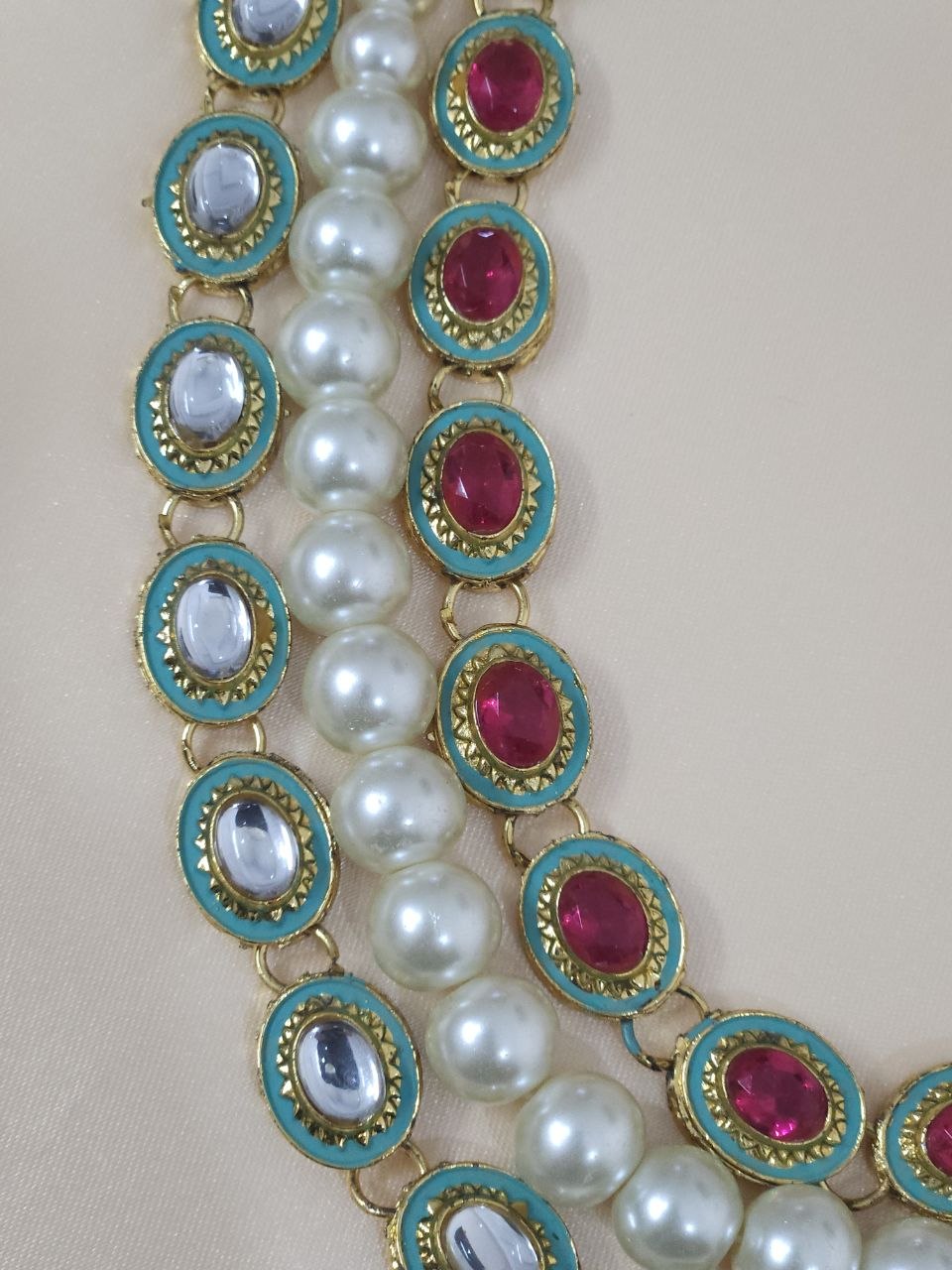 3-Layer Pearl Meenakari Mint Kundan Necklace