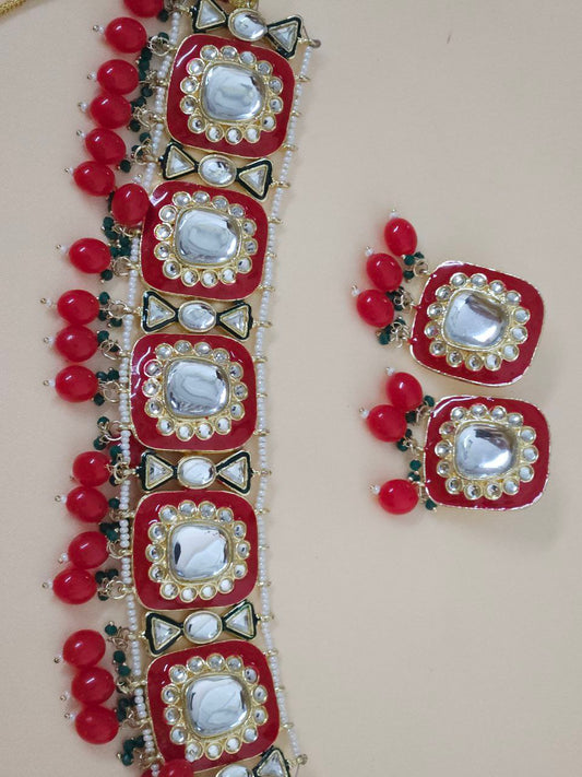 Red Kundan Pearl Choker Necklace