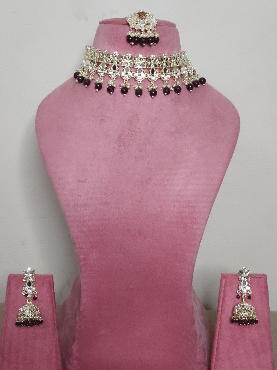 Coke-Color Beads Mirror AD Choker Necklace