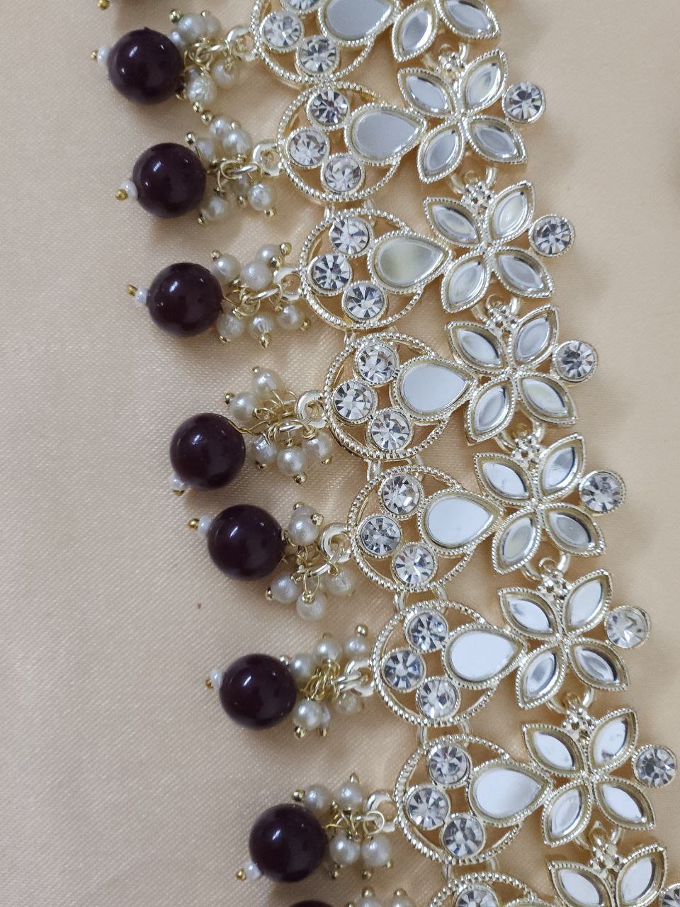 Coke-Color Beads Mirror AD Choker Necklace