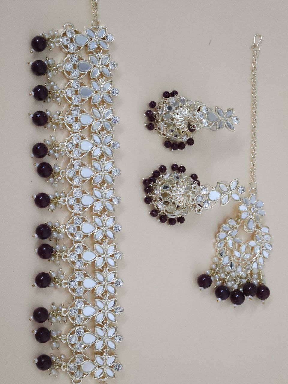 Coke-Color Beads Mirror AD Choker Necklace