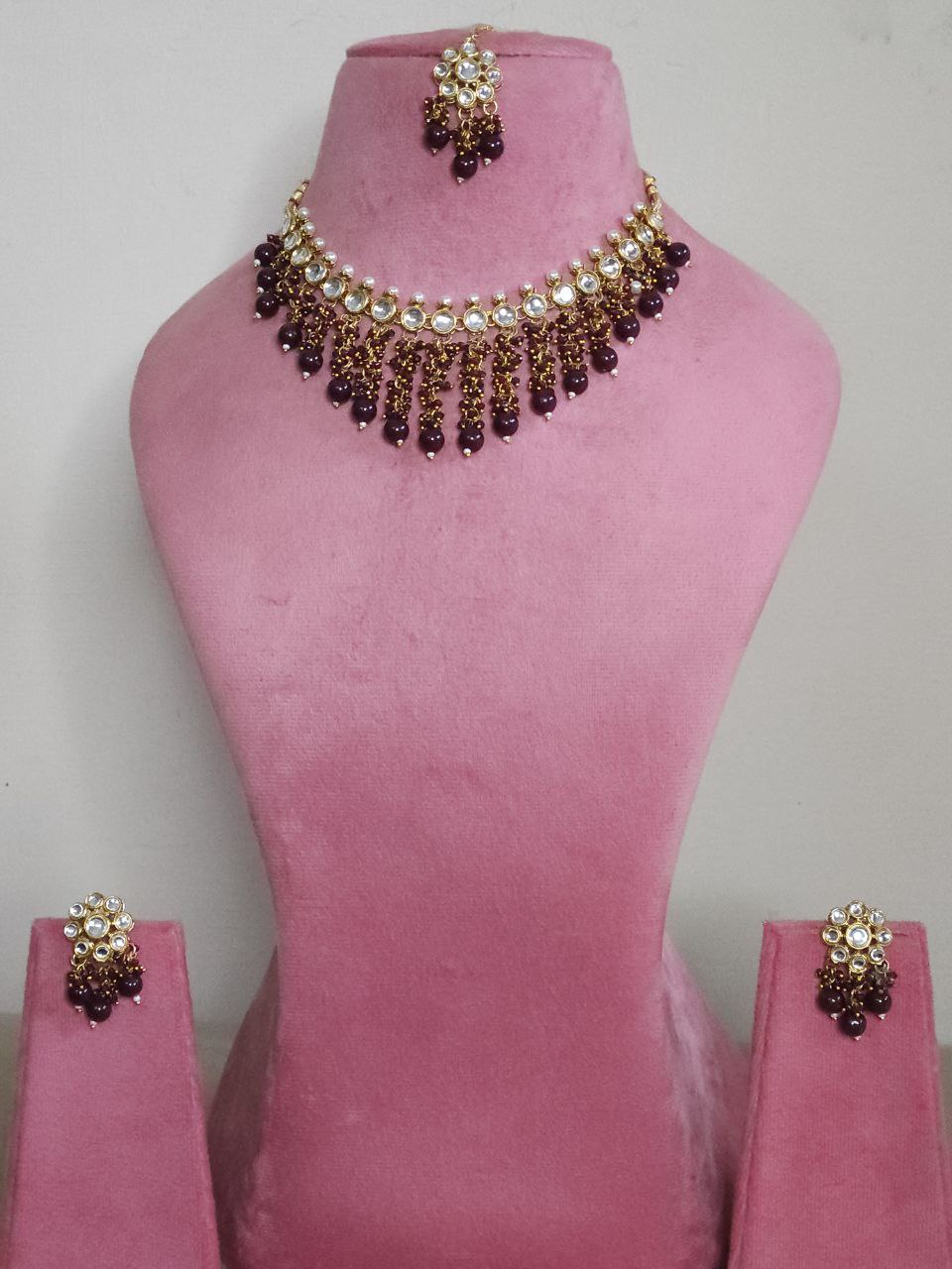 Maroon Jhalar Gold Kundan Necklace
