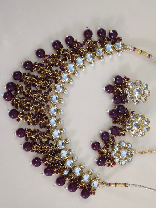 Maroon Jhalar Gold Kundan Necklace
