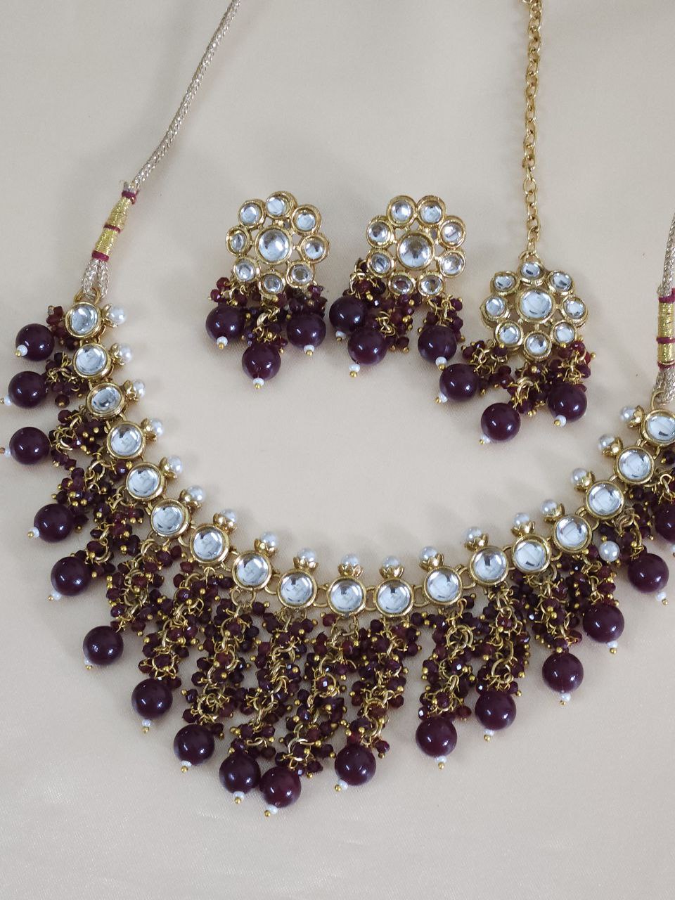 Maroon Jhalar Gold Kundan Necklace