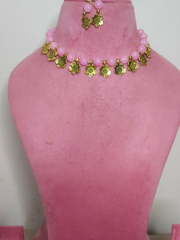 Pink Real Beads Gold Necklace