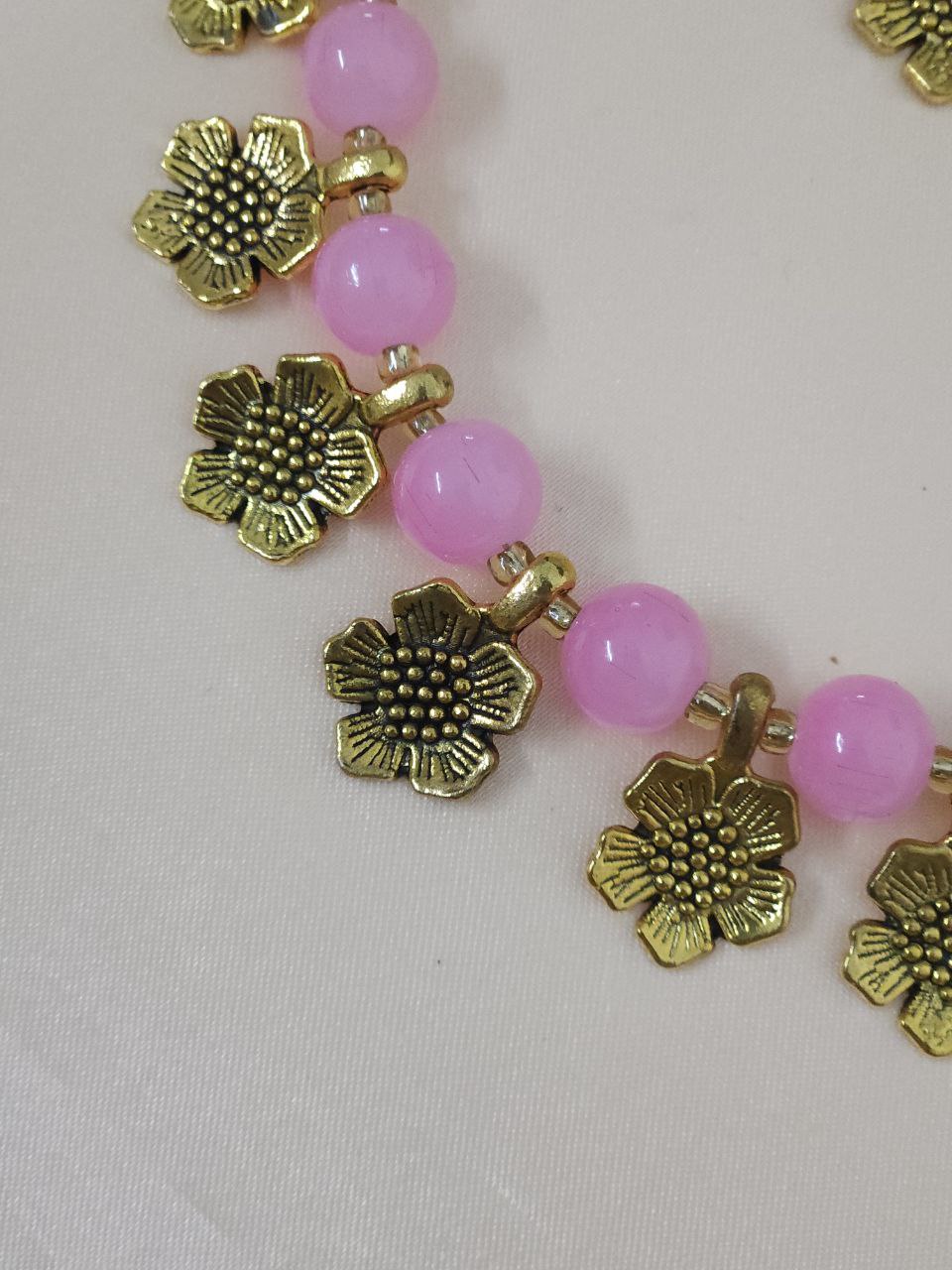 Pink Real Beads Gold Necklace
