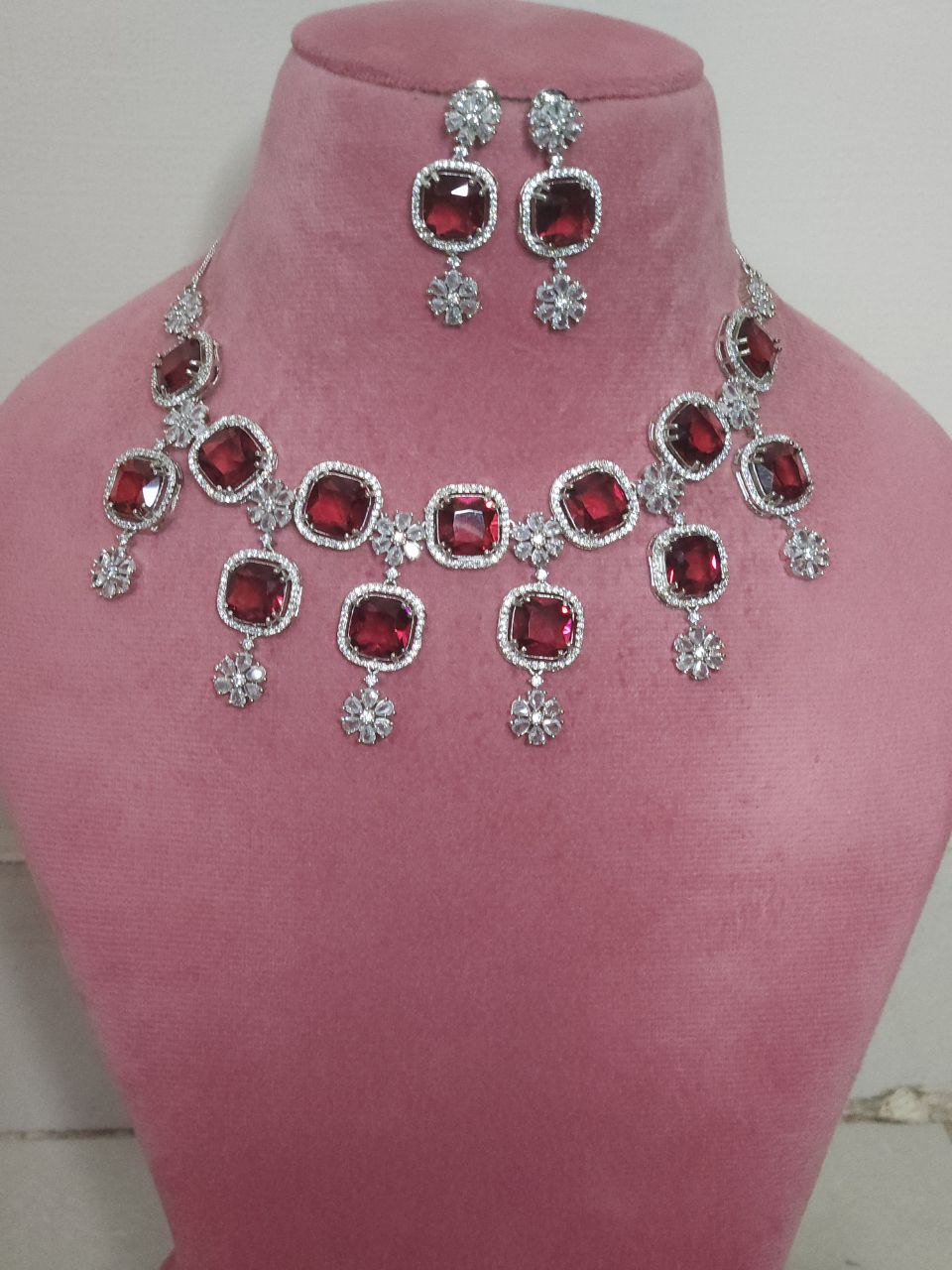 Wine Red Hangings AD Necklace