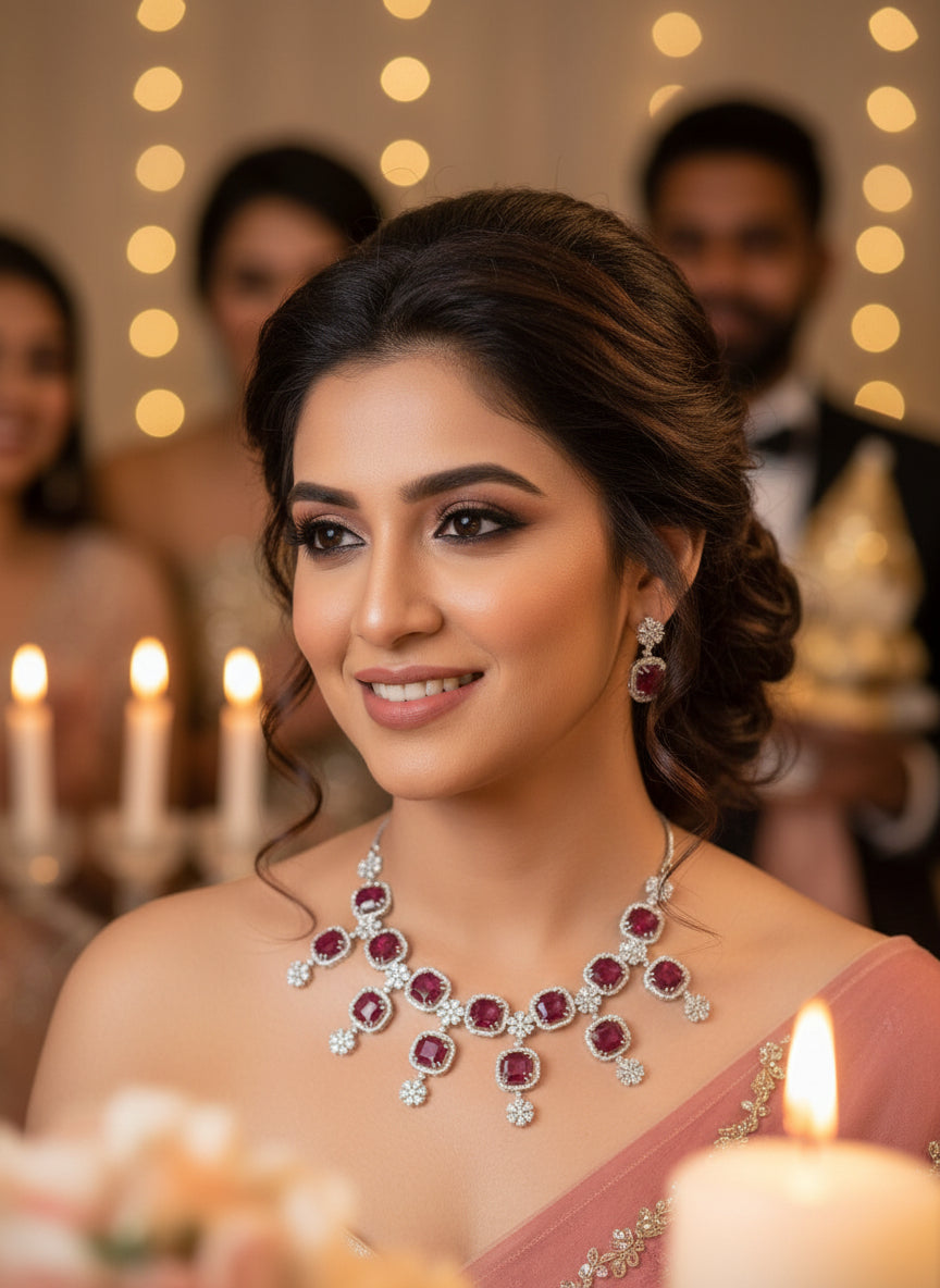 Wine Red Hangings AD Necklace