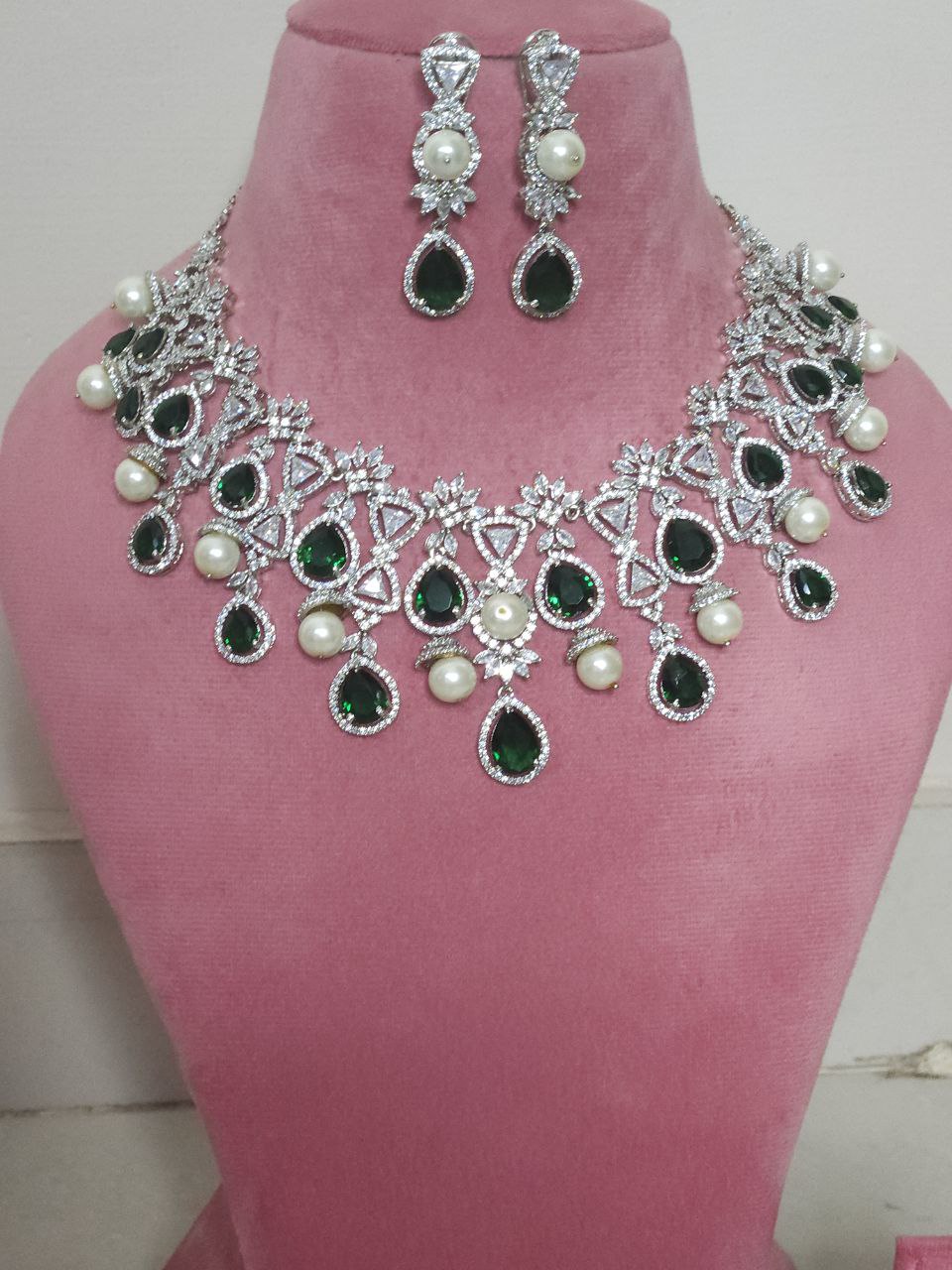 Premium Rhodium Bridal Green Pearl AD Necklace