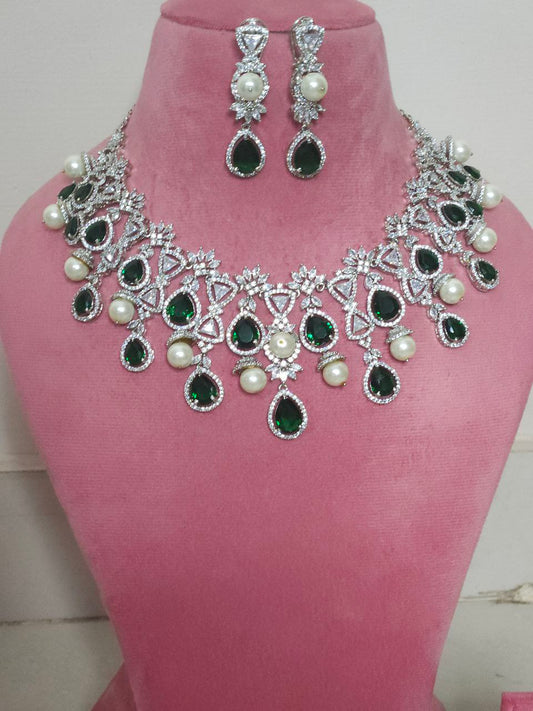 Premium Rhodium Bridal Green Pearl AD Necklace