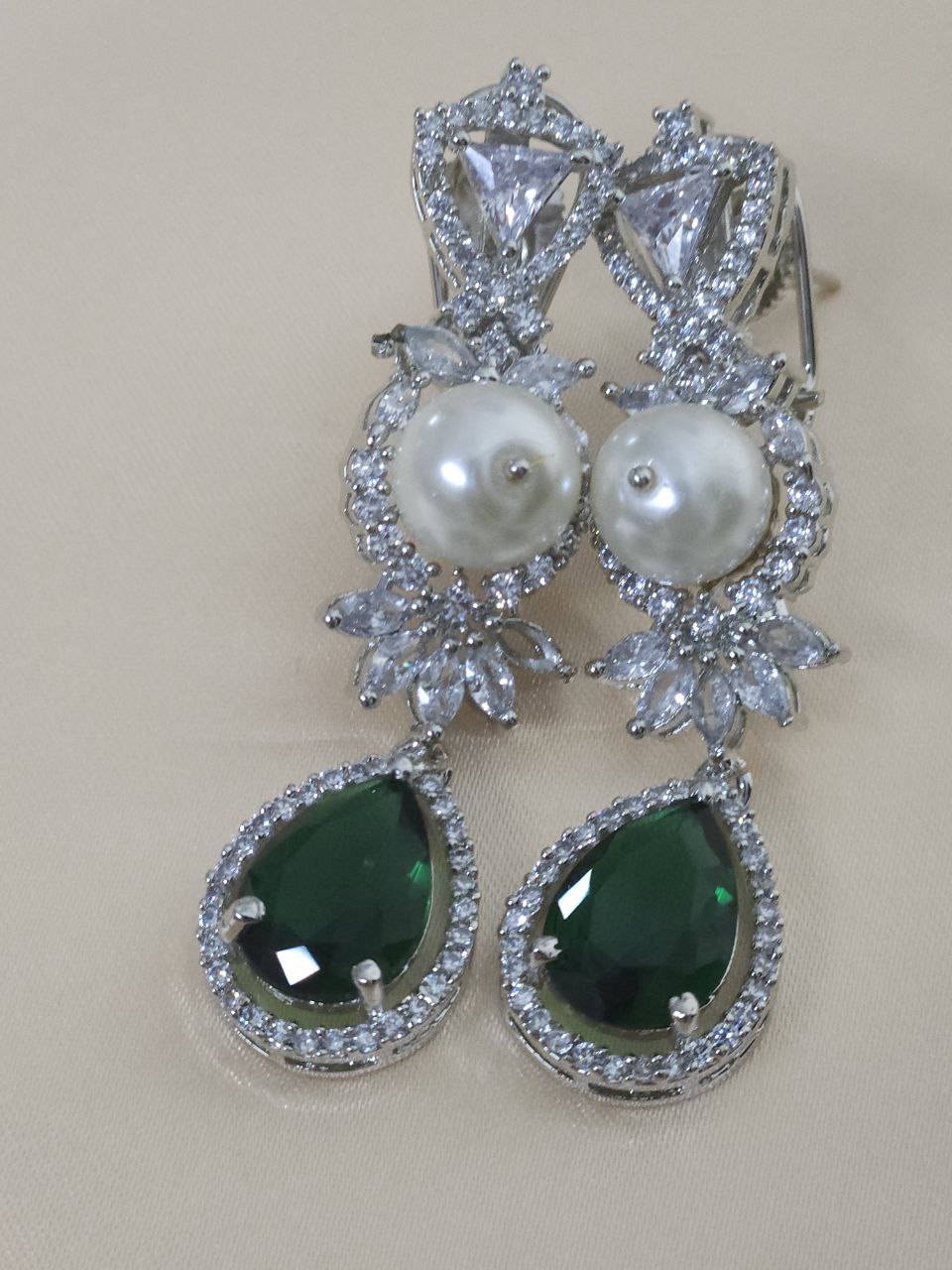 Premium Rhodium Bridal Green Pearl AD Necklace