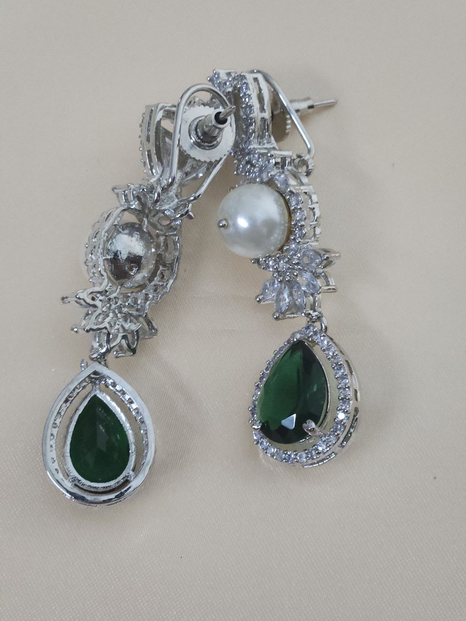 Premium Rhodium Bridal Green Pearl AD Necklace