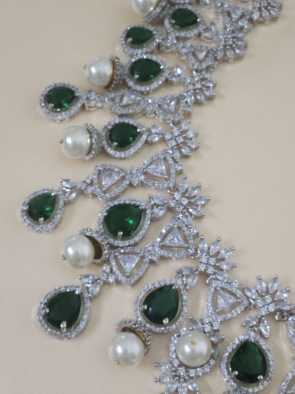 Premium Rhodium Bridal Green Pearl AD Necklace