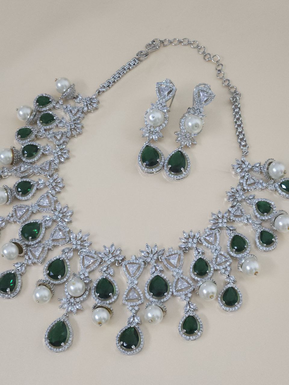 Premium Rhodium Bridal Green Pearl AD Necklace