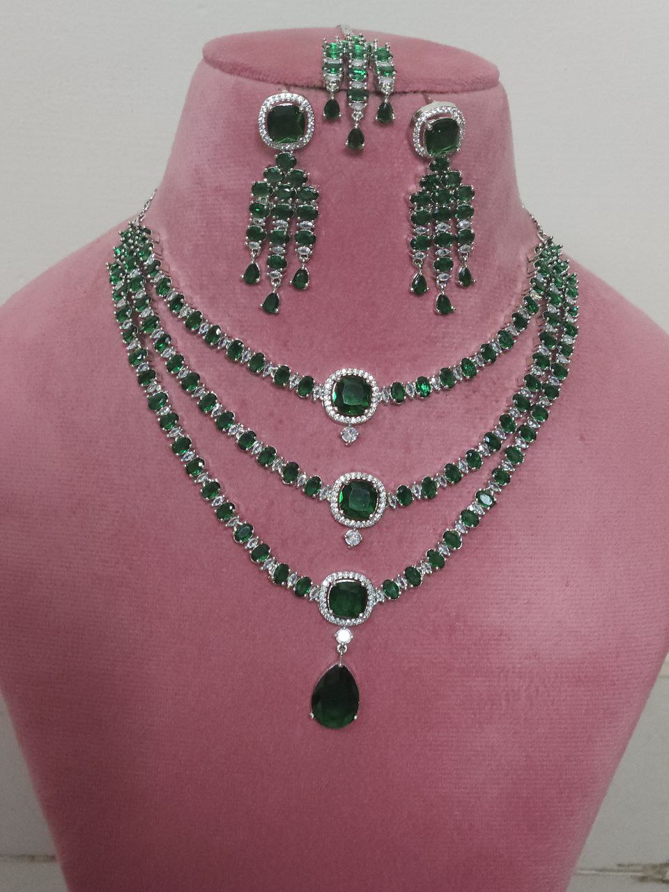 Premium 3-Layer Bridal Green AD Necklace