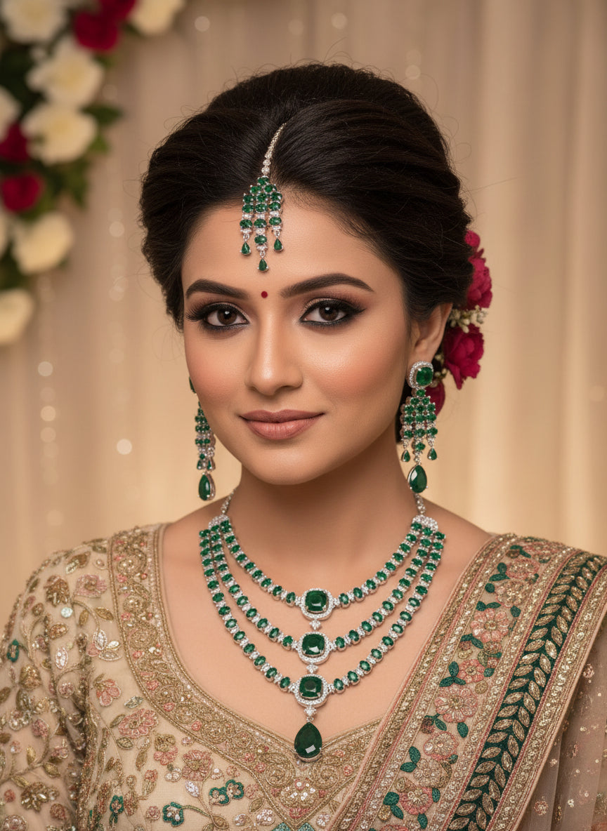 Premium 3-Layer Bridal Green AD Necklace