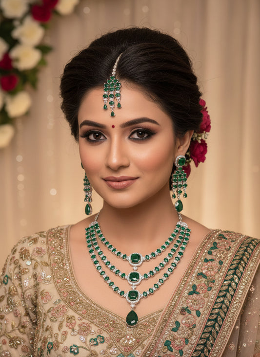 Premium 3-Layer Bridal Green AD Necklace