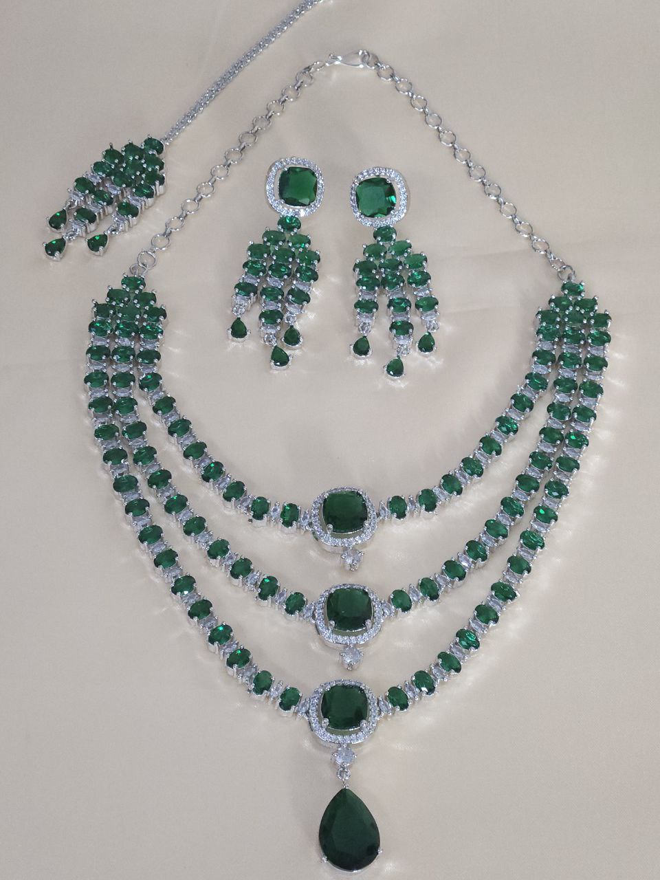 Premium 3-Layer Bridal Green AD Necklace