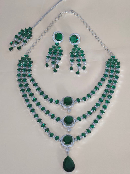 Premium 3-Layer Bridal Green AD Necklace