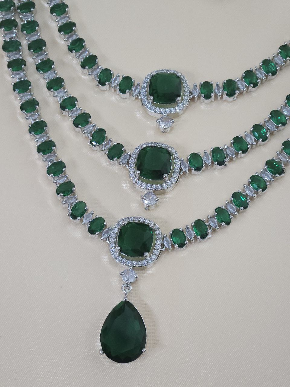 Premium 3-Layer Bridal Green AD Necklace